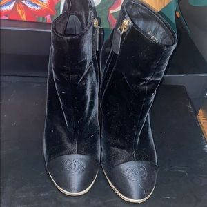 Chanel velvet bootie with pearl detail .